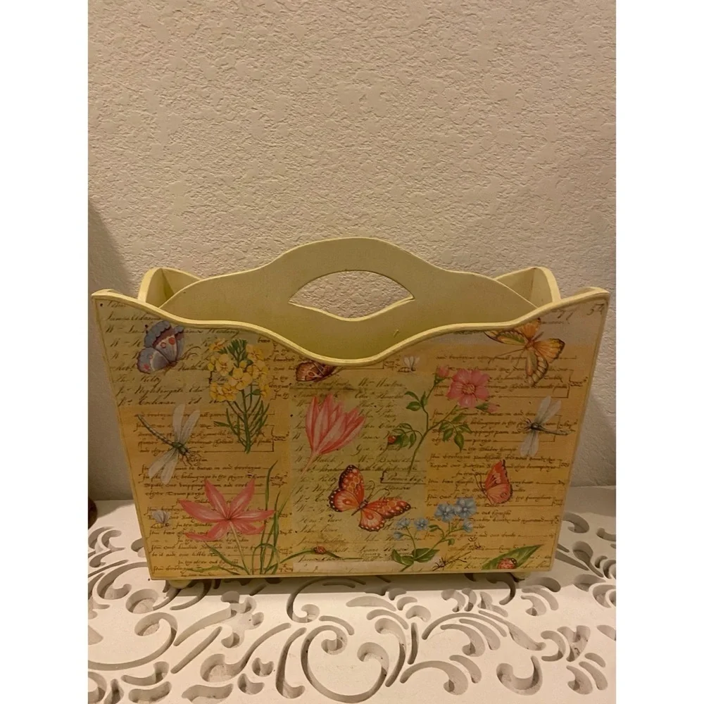 Signed Vintage Off 5th Yellow Floral Butterfly Country Wood Magazine Holder 15”H
